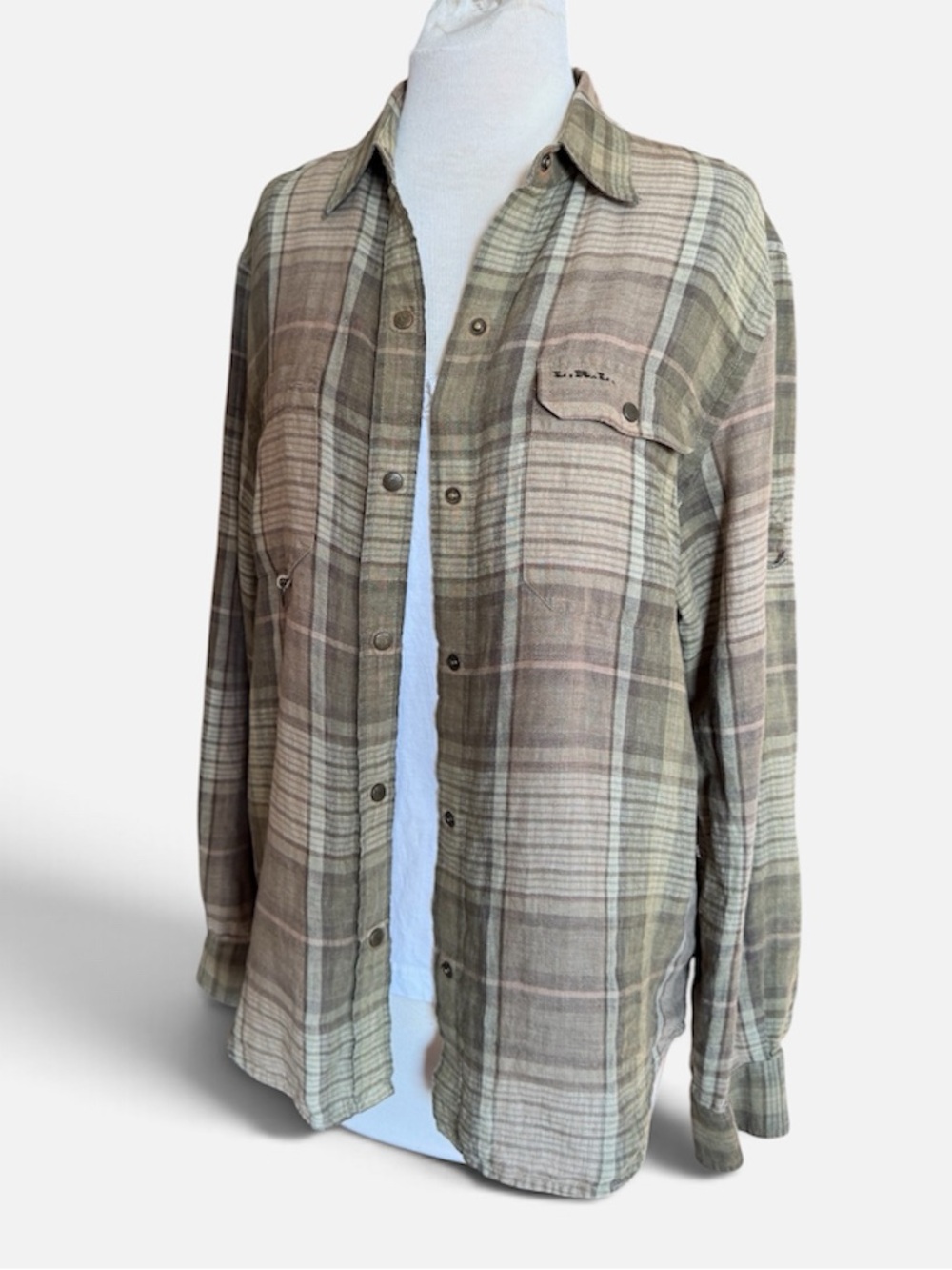 Lauren Ralph Lauren 100% Linen Plaid Button Up Roll Tab Shirt Cabincore Medium